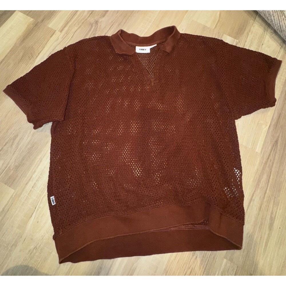Obey Mens Large Open Knit Mesh Polo Sweater Quarter Zip Rust Brown Streetwear